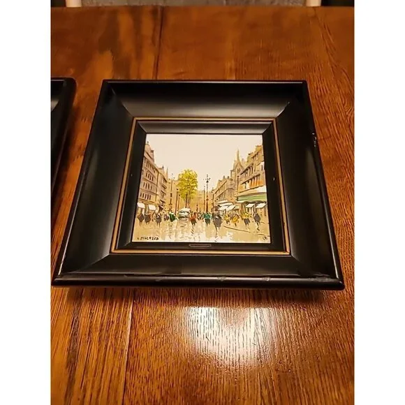 Lot of 2 "A Street in Paris" Paintings Oil Painted Tiles M. Maresca 1949. Set